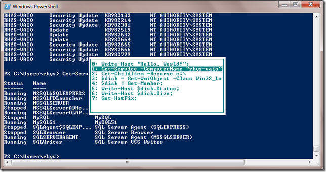 powershell history popup menu