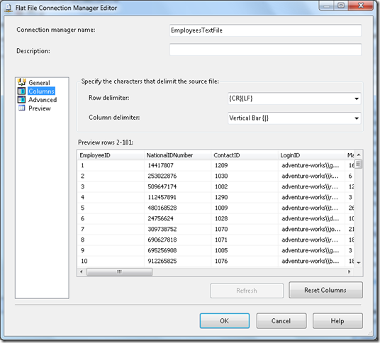 flat file connection manager delimiter