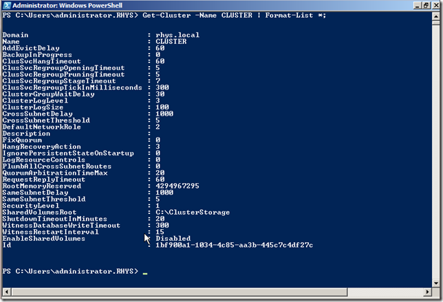 WIndows Powershell showing Failover Cluster details